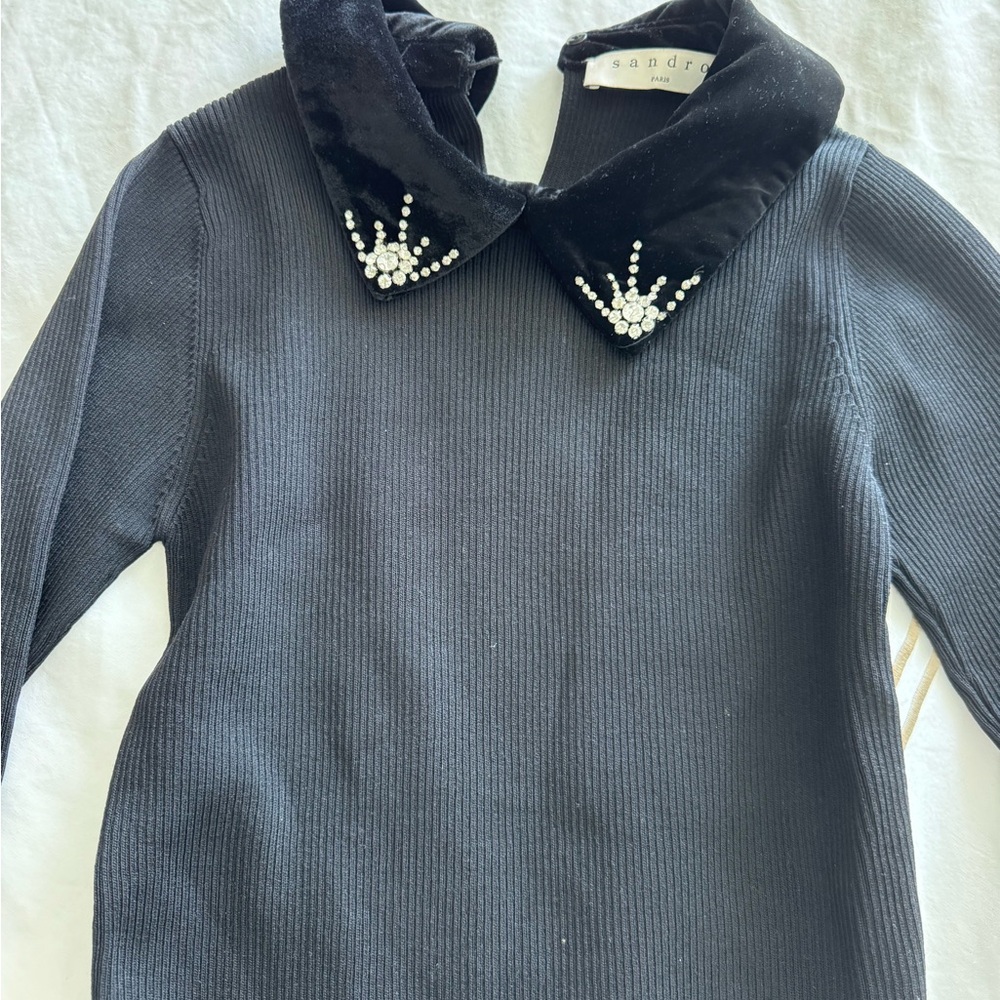 Sandro Black Sweater with Embellished Collar